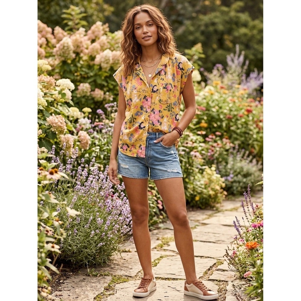 Maeve Anthropologie Yellow Floral Button Down Sleeveless Rayon Top Small